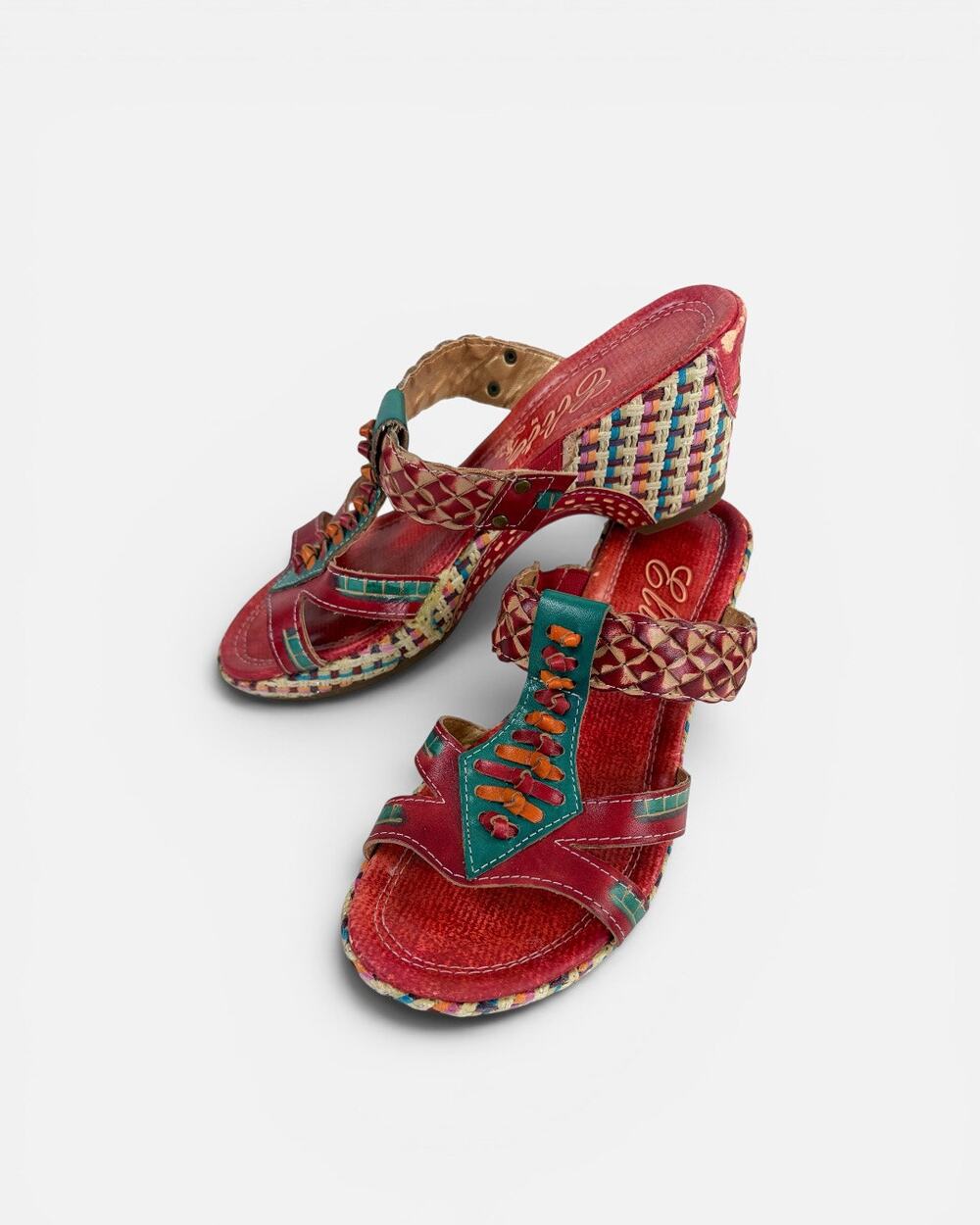 Corkys Red Leather Boho Platform Wedge Strappy Sandals Size 8 Santa Fe Western